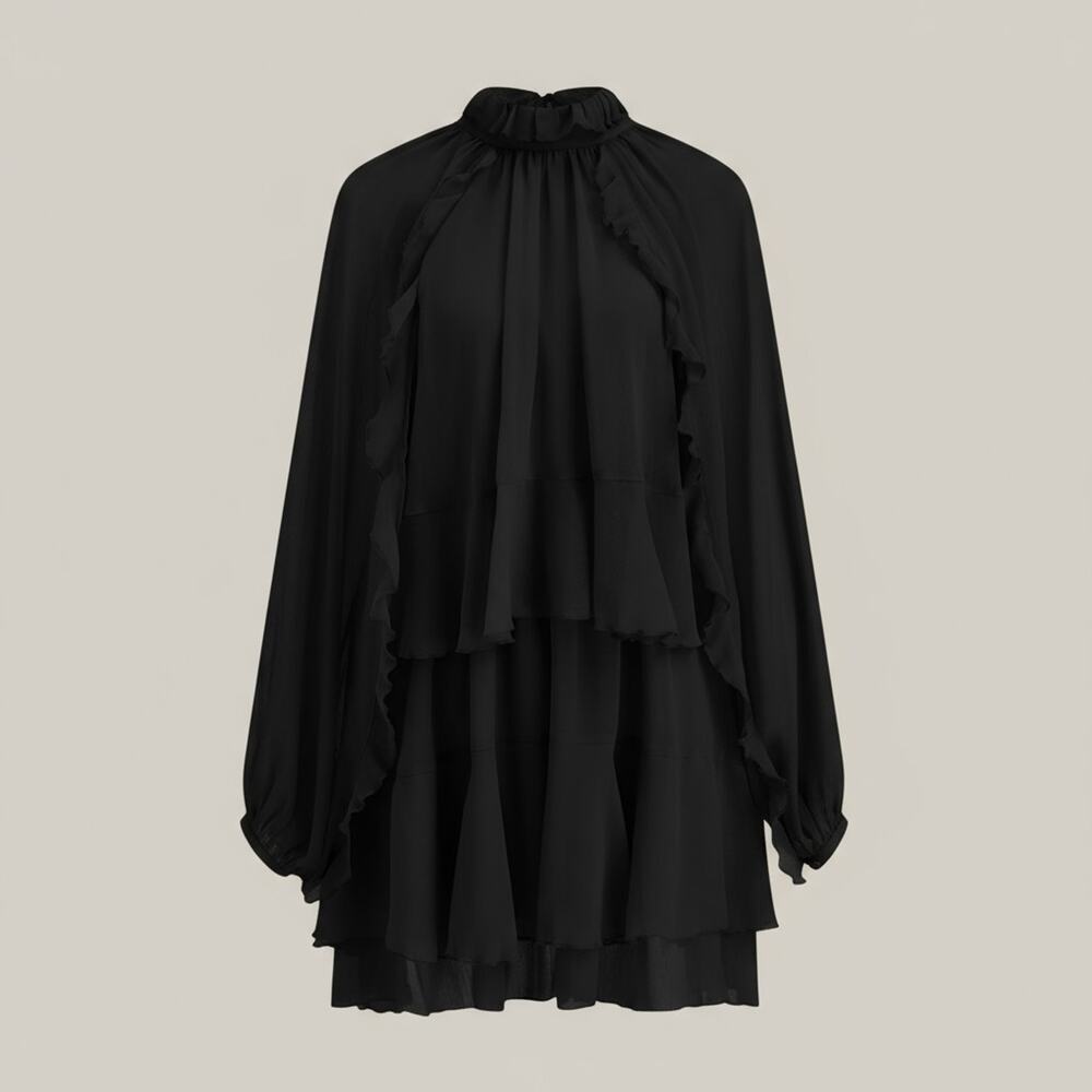 Commense Black Chiffon Ruffle Mini Dress Long Sleeve Cape Overlay – Size L